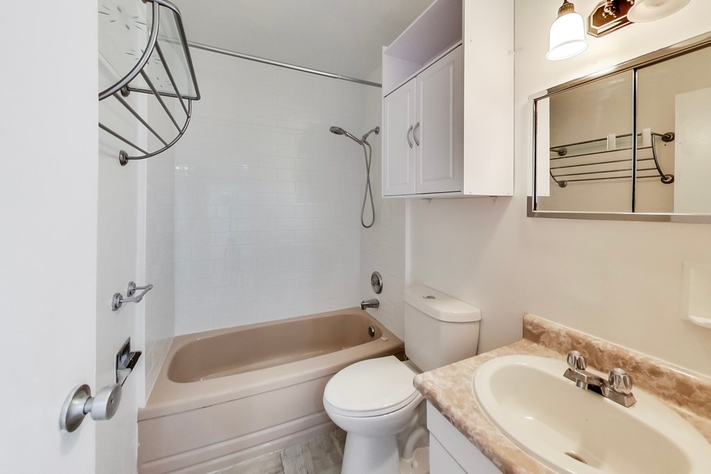 A white toilet sits next to a bathtub in a bathroom.
