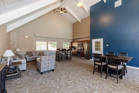 A living room with a patterned carpet and furniture.