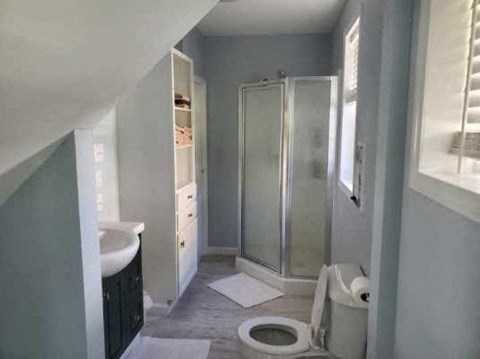 a bathroom with a shower and a toilet and a sink