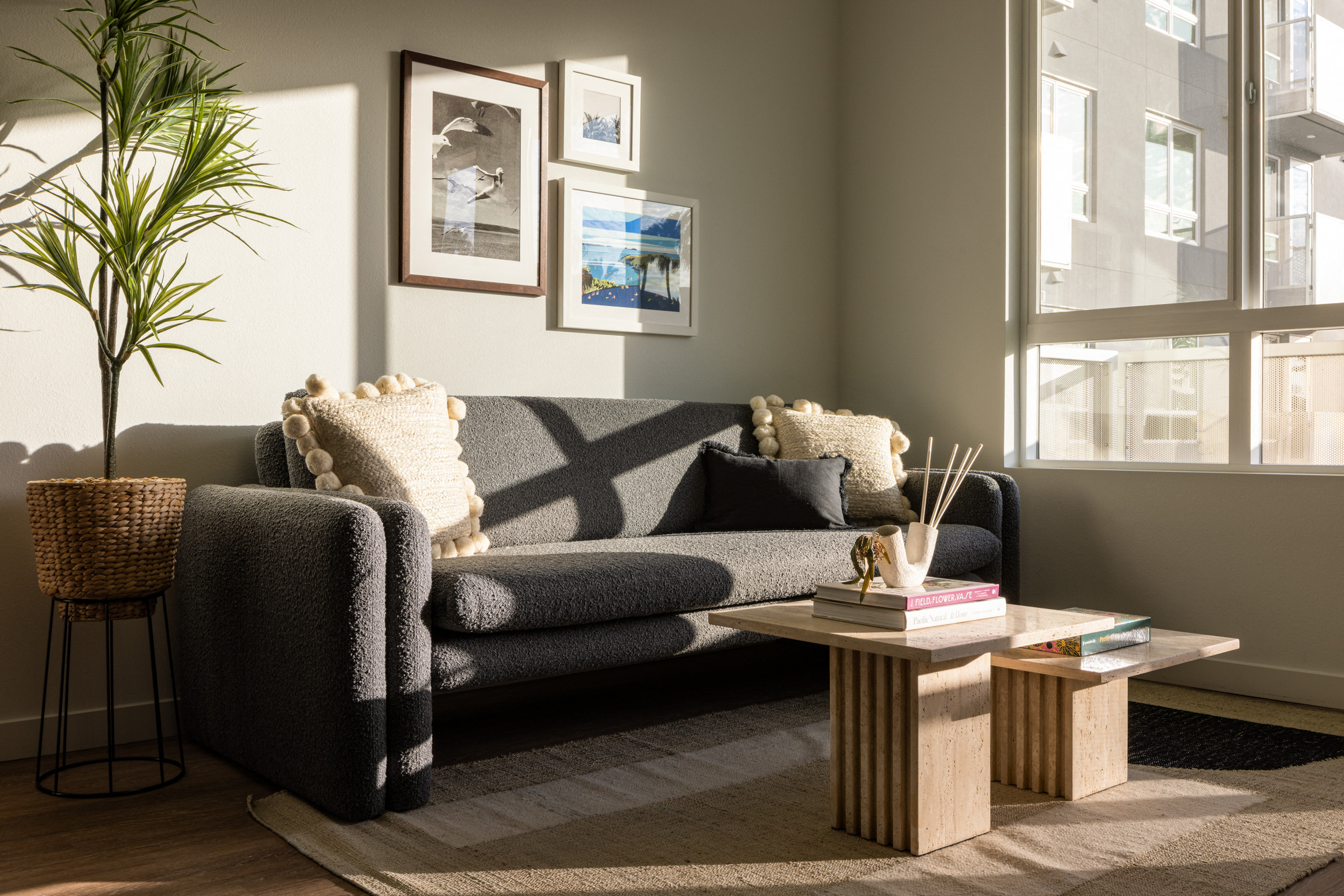 a living room with a couch and a coffee table