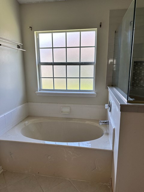 a bathroom with a large tub and a window