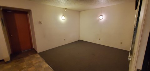 a living room with a rug and white walls and a door