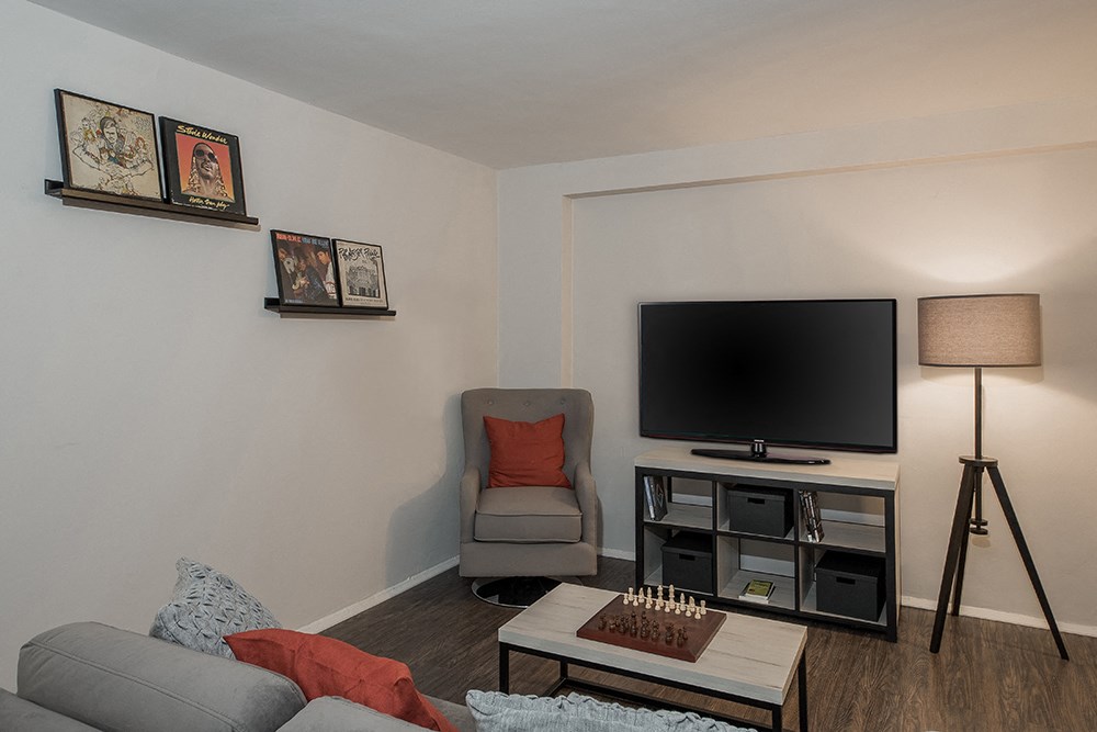 a living room with a couch and a chair and a television