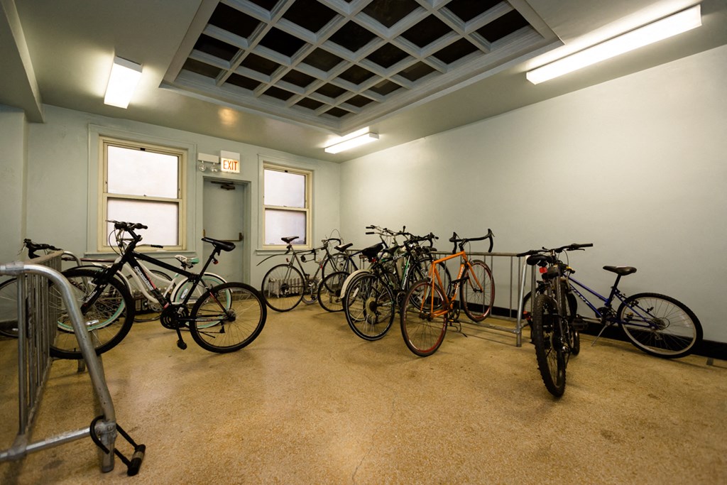 a group of bikes parked in a room