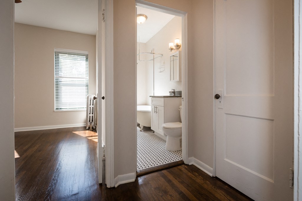the view of a bathroom with a toilet and shower from the doorway