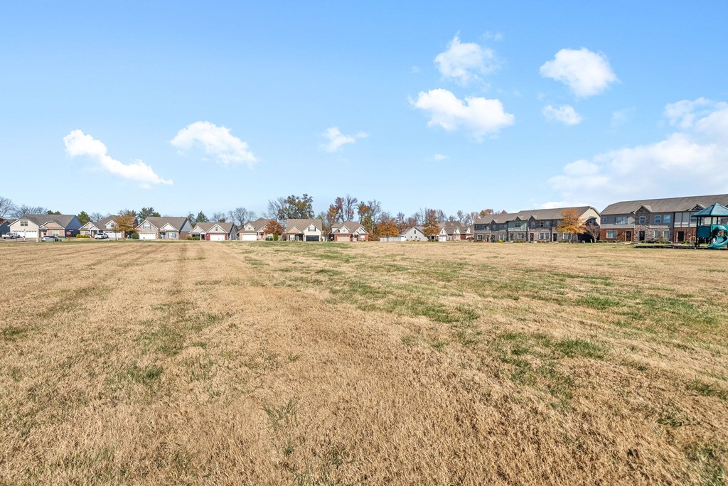 a field in front of a row of houses
