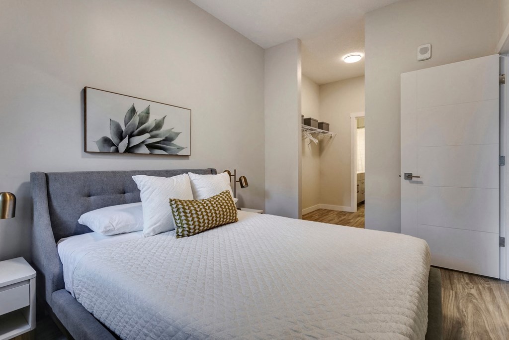 a bedroom with a large bed and a white closet