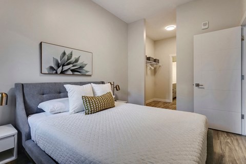 a bedroom with a large bed and a white closet