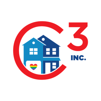 a red circle with a house inside of it and the number three