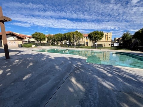 A pool surrounded by trees and buildings under a blue sky.