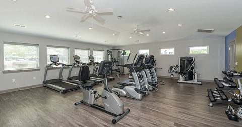 Fitness center with cardio and weight equipment at Summit at Bon Air Apartments, North Chesterfield, VA 23235