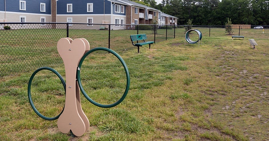 fenced in dog park with grass and agility equipment
