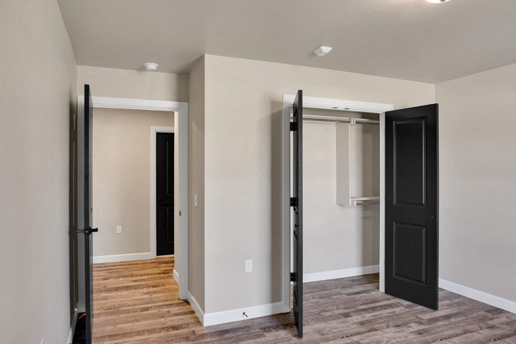 a bedroom with a closet and a black door