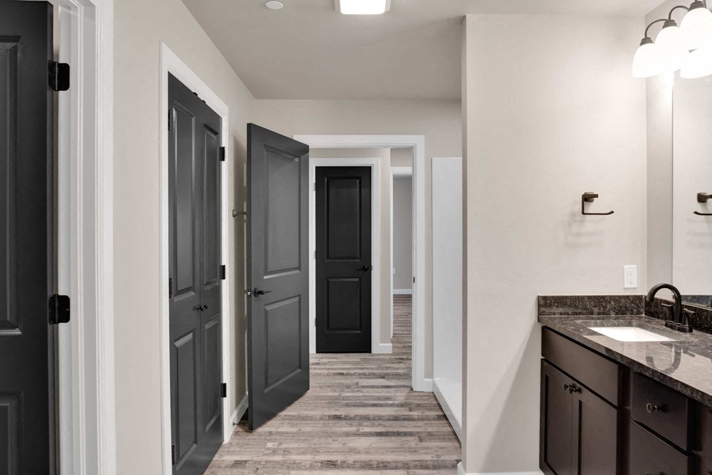 a bathroom with dark doors and a sink and a hallway with closets