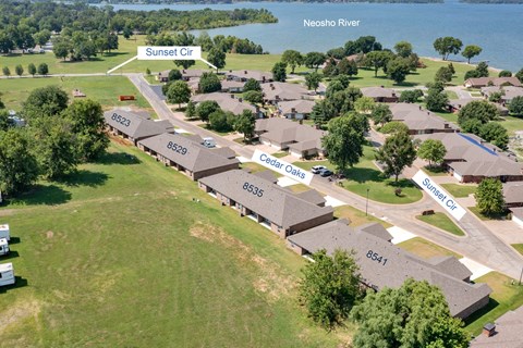 an aerial view of a neighborhood of houses near a body of water