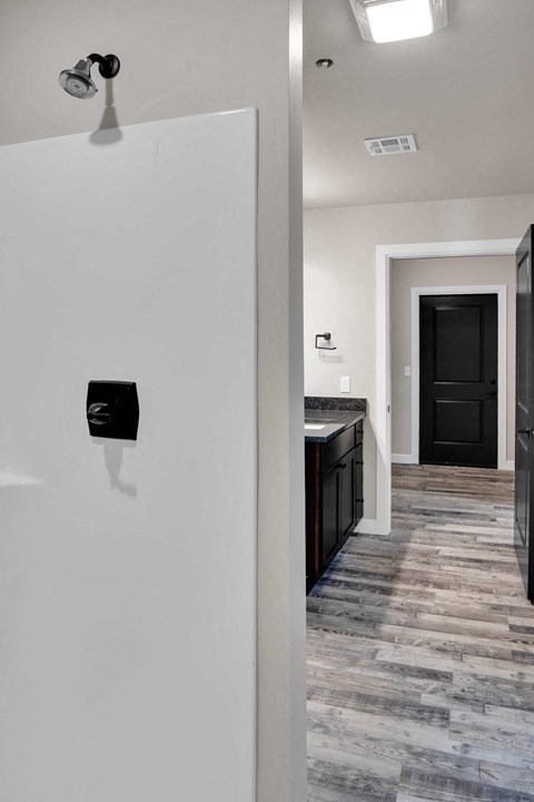the view of a hallway from a kitchen with a black door and a white wall
