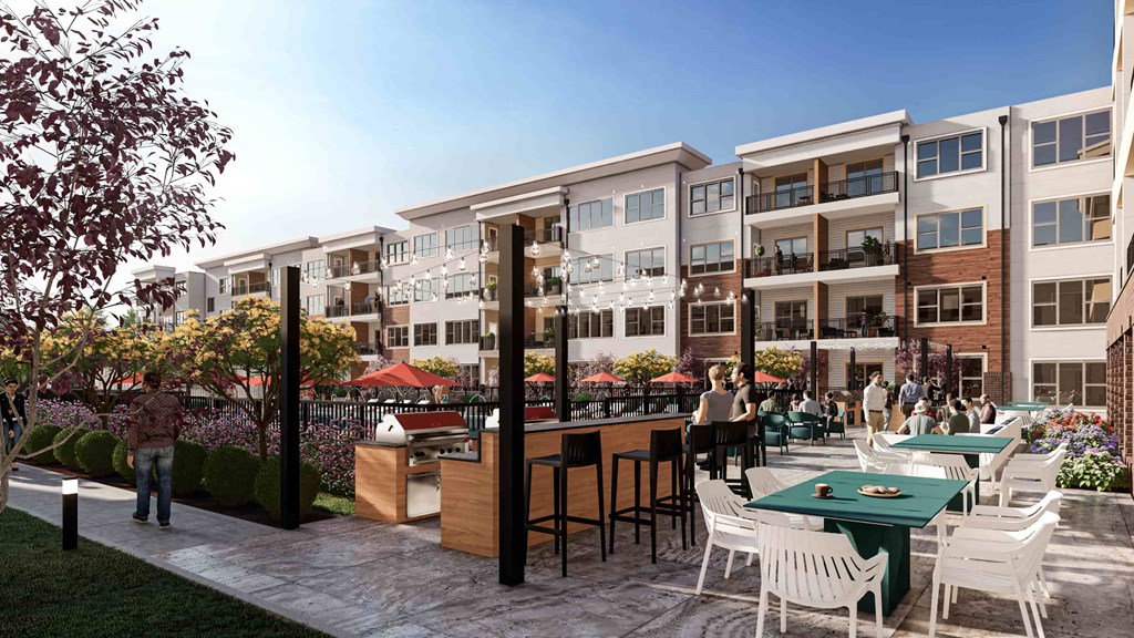 an artist rendering of an apartment complex with tables and chairs