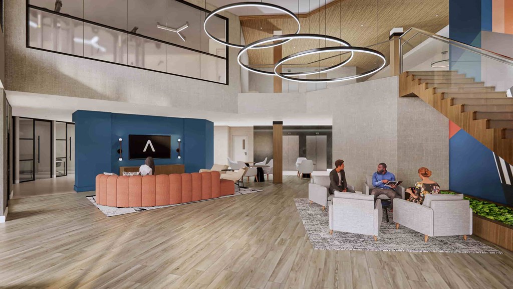 a rendering of a lobby with people sitting on couches