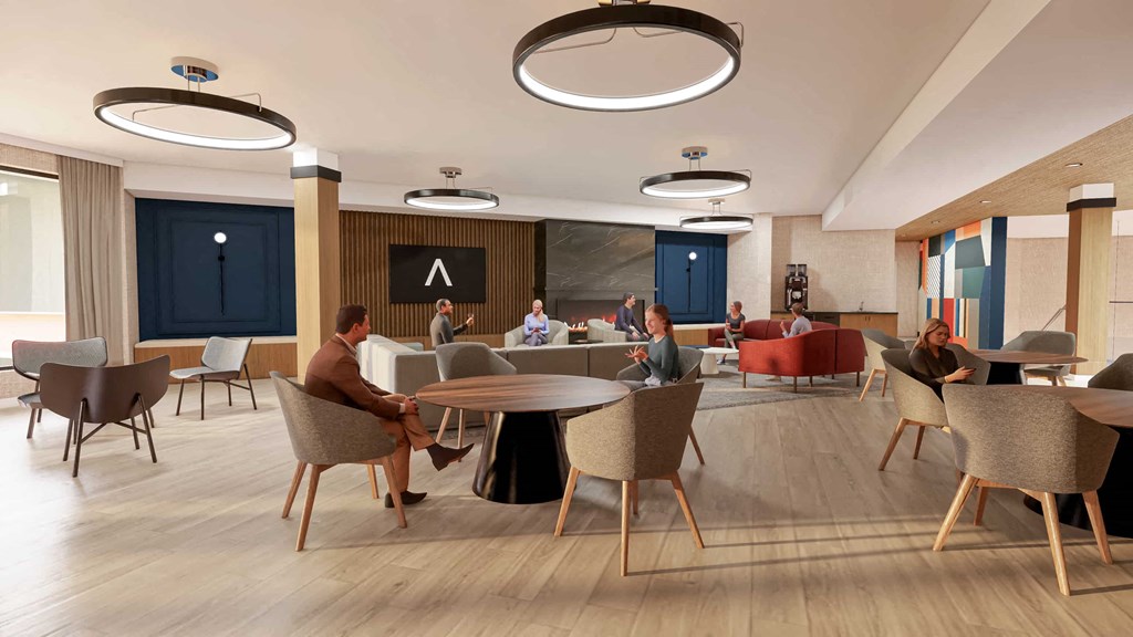 a rendering of a lobby with people sitting at tables