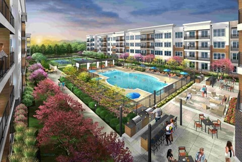 a rendering of an apartment complex with a swimming pool