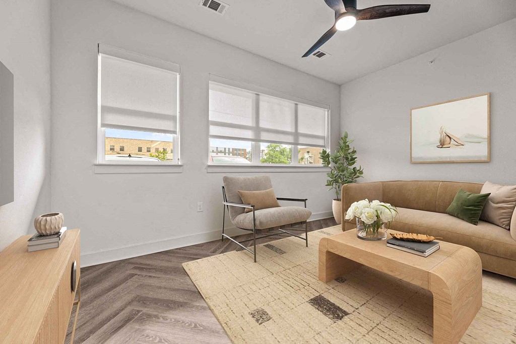 a living room with a couch and a table