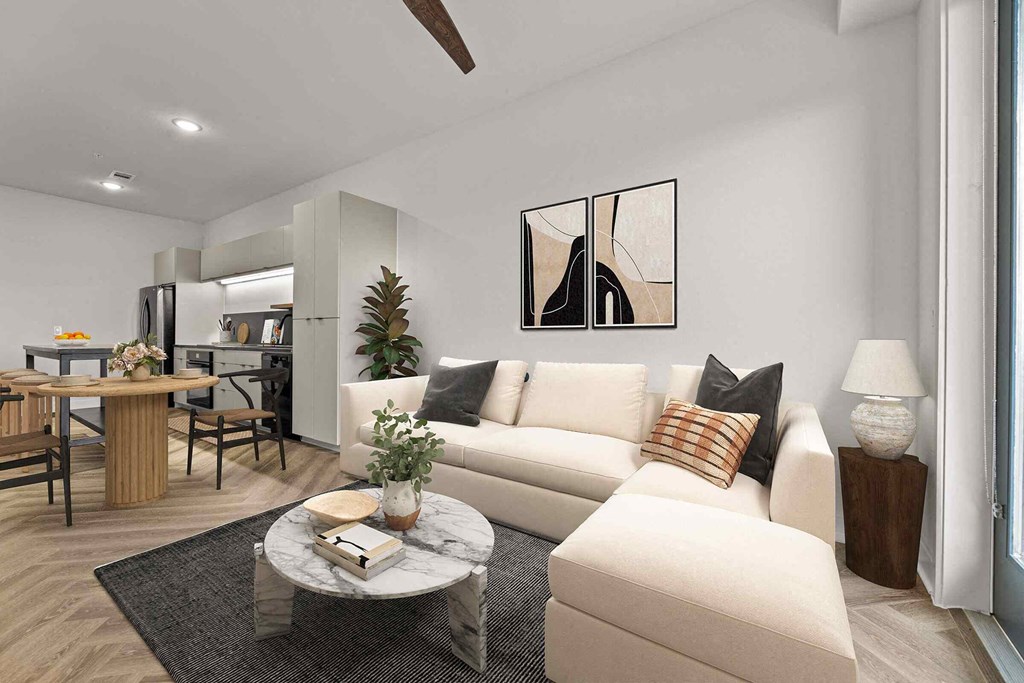 a living room with a couch and a table