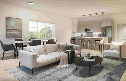 A modern living room with a grey sofa, a coffee table, and a dining table with chairs.