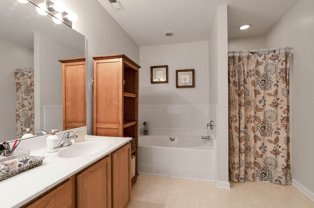 a bathroom with a sink and a tub and a shower