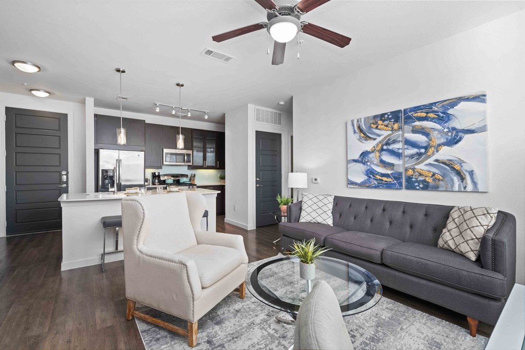 a living room with a couch and a table