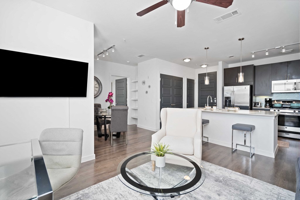 a living room with a couch and a table