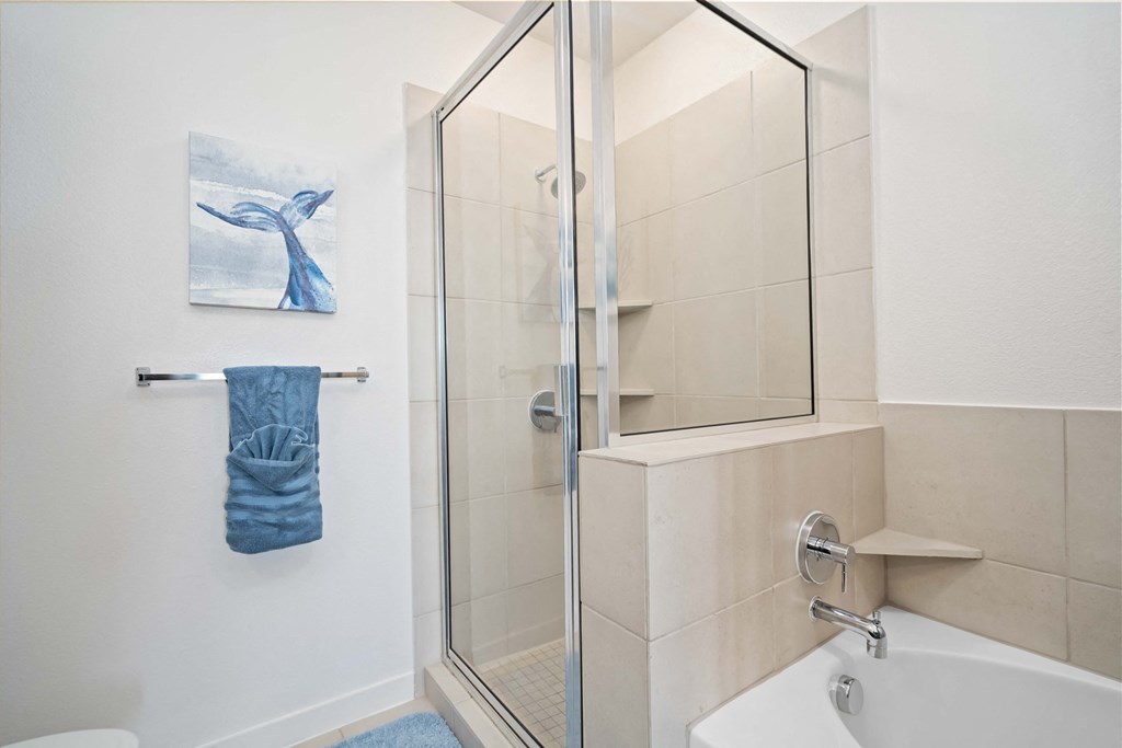 a bathroom with a shower and a sink and a mirror