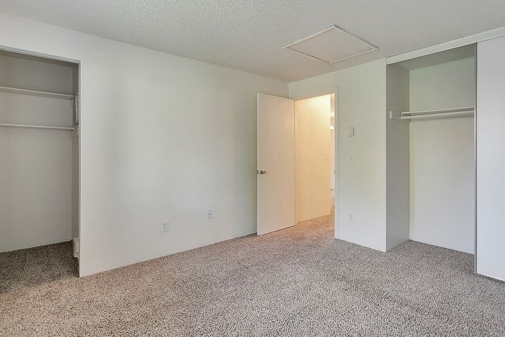 a bedroom with a closet and an open door