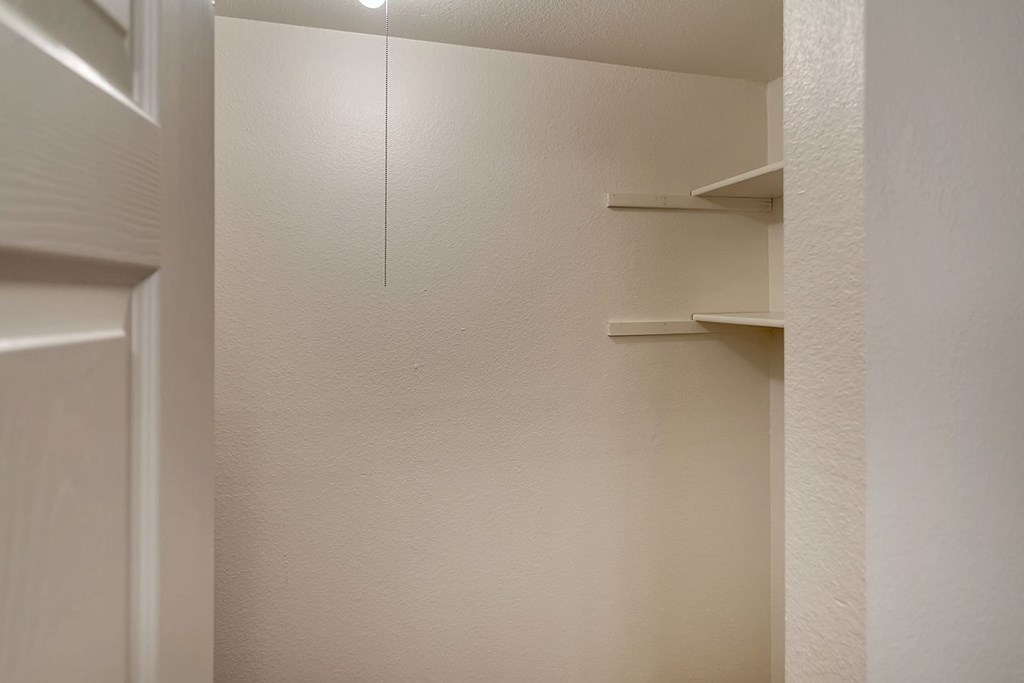 a white closet with shelves and a white door