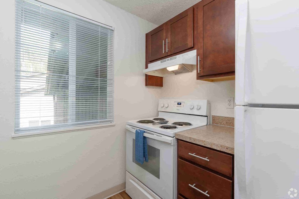 a kitchen with a stove and refrigerator and a window