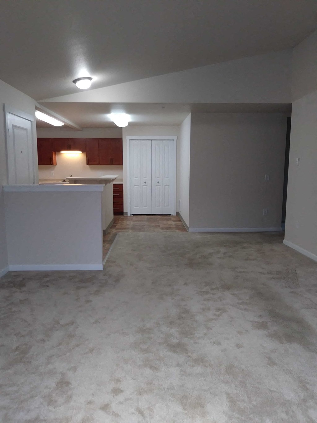an empty living room and kitchen in a house
