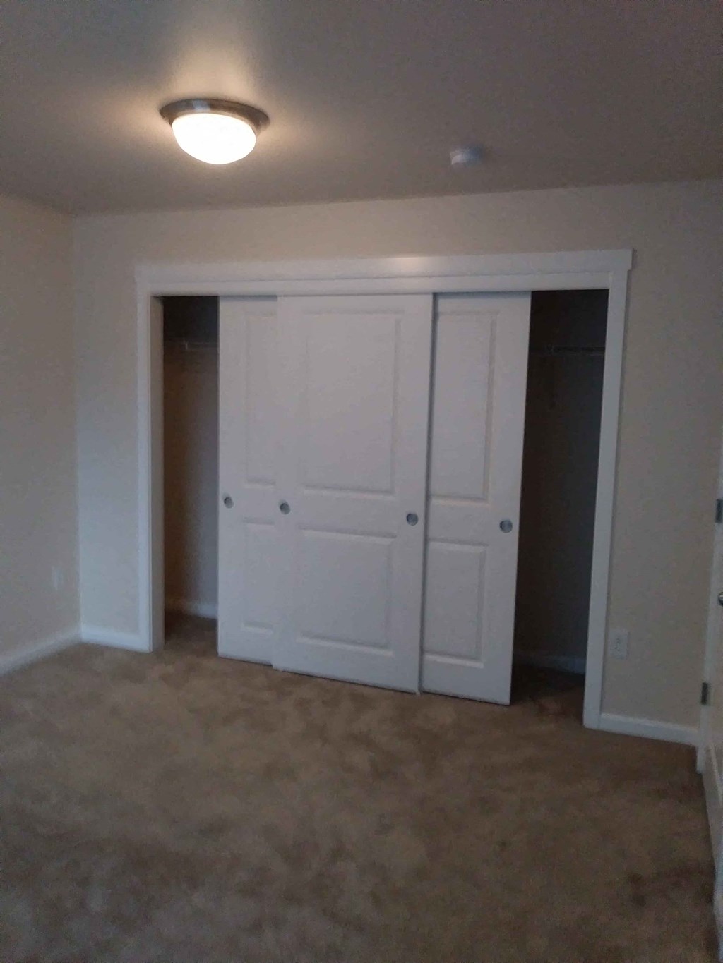 an empty living room with two closets and a ceiling light