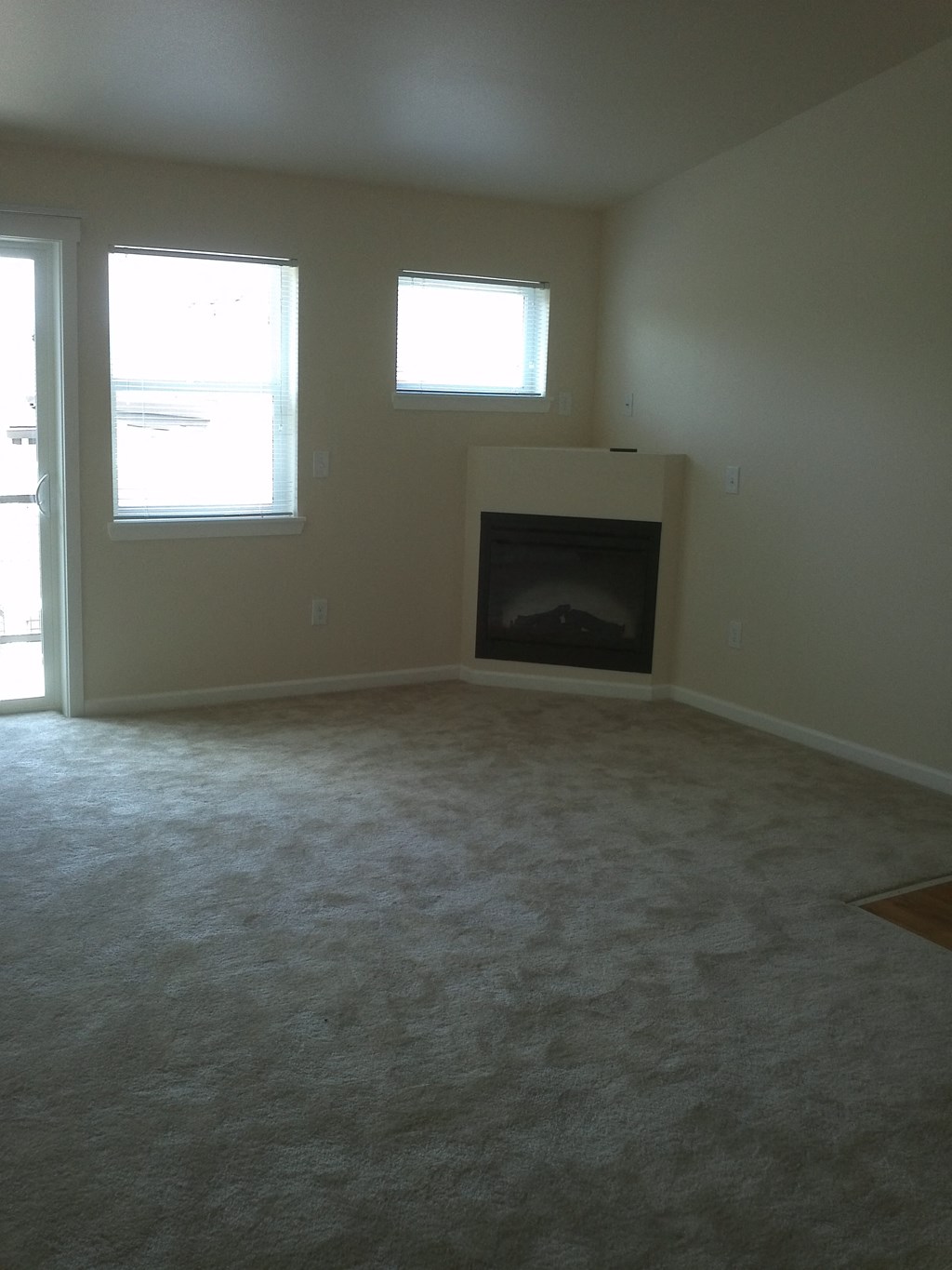 an empty living room with a fireplace and windows