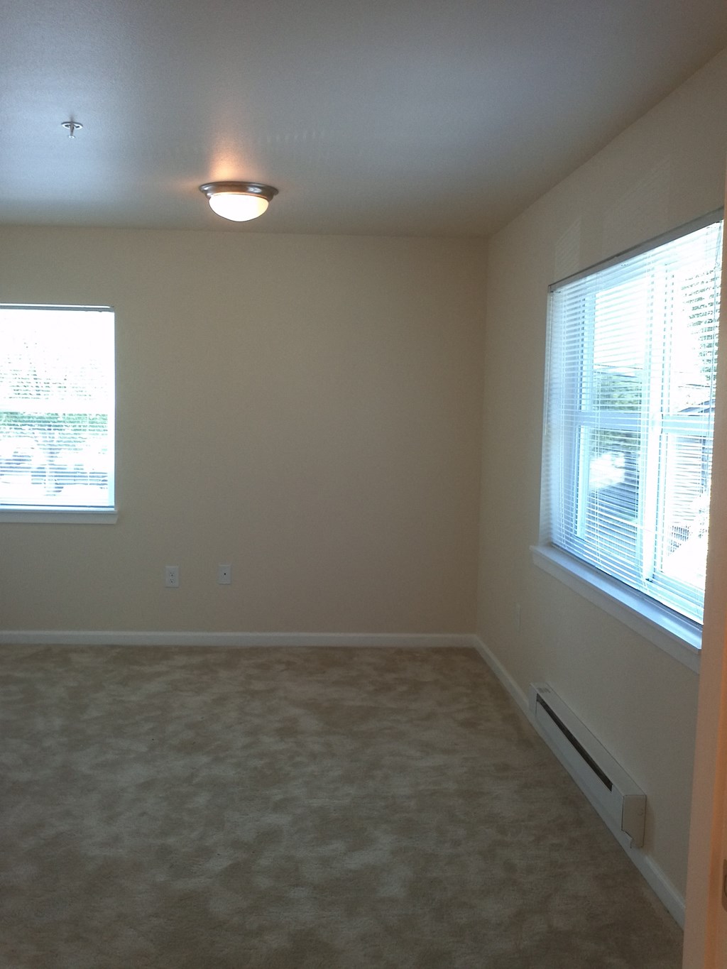 an empty living room with a light on the ceiling and two windows