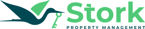 A logo for Stork Property Management featuring a stork and a key.