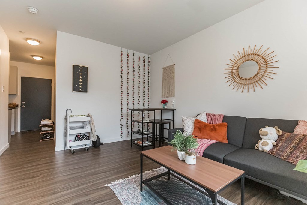 a living room with a couch and a coffee table
