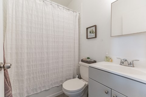 a bathroom with a shower and a toilet and a sink