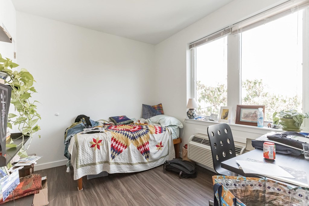 a bedroom with a bed and a desk and a window