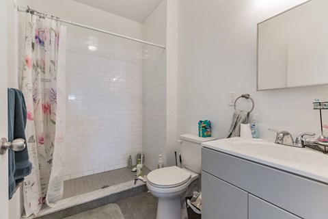 a white bathroom with a shower and a toilet and a sink