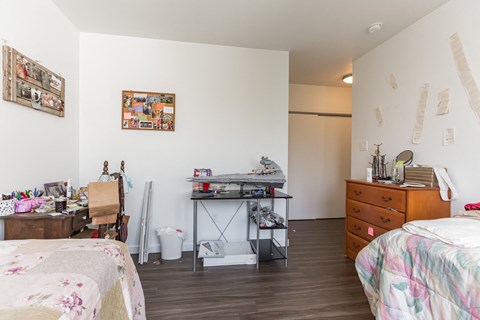 a bedroom with two beds and a desk and a dresser