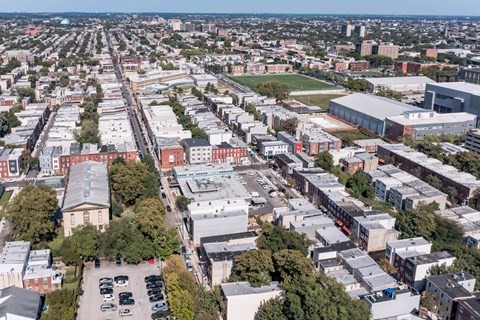 an aerial view of the city