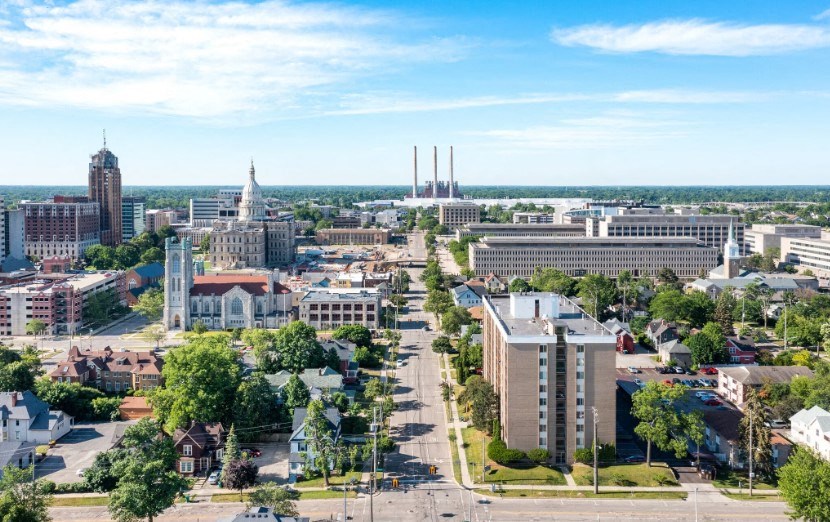 an aerial view of the city