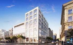an illustration of a tall white building on a city street