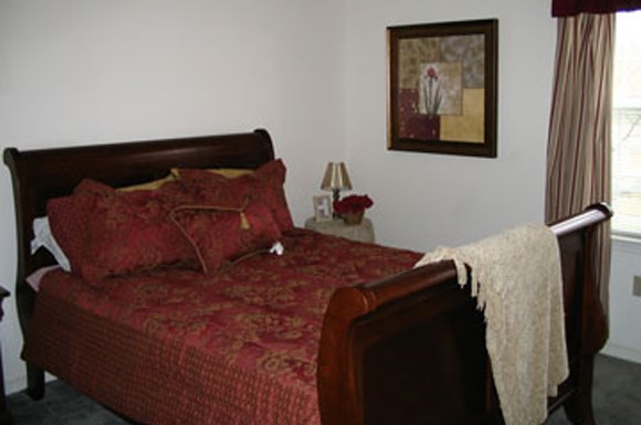 a bedroom with a bed with red sheets and pillows