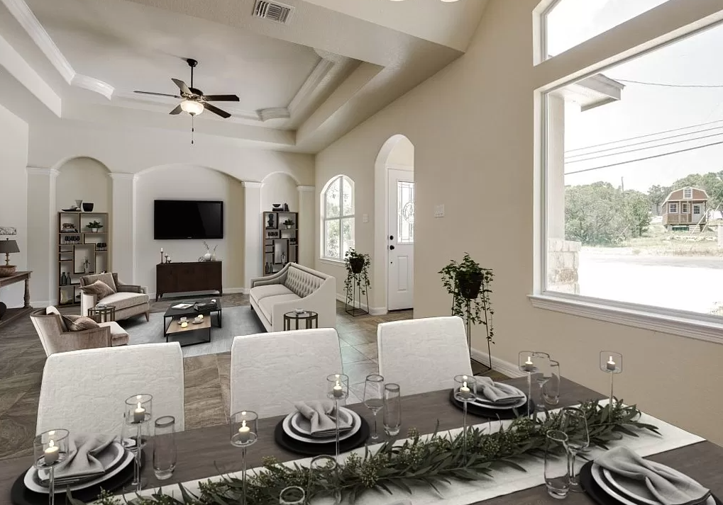 a large dining room with a table and chairs