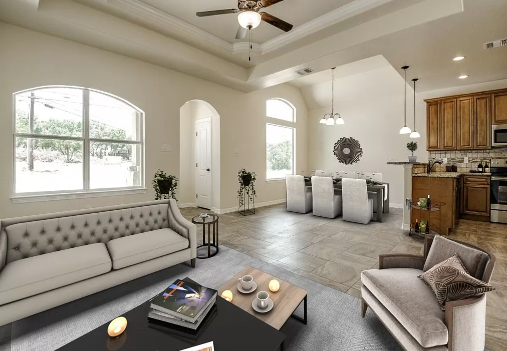 a living room with couches and a table